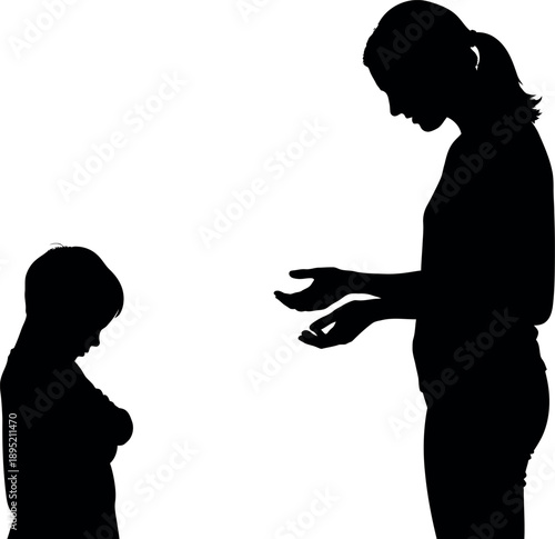 Silhouette of Mother Talking to Stubborn Son; Parental Discipline and Child Psychology