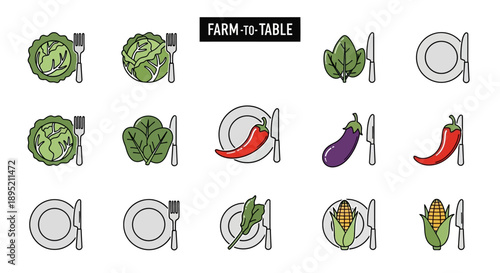 Farm to Table Food Icons Set Illustration.