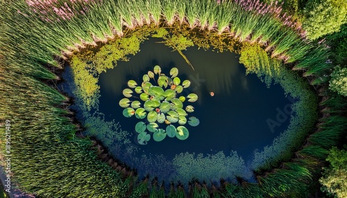 top down view of a serene pond filled with water lilies