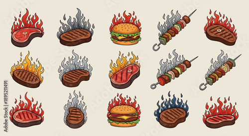 Grilled Burgers and Meat on Skewers.