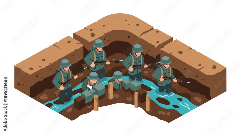 Fototapeta premium Isometric world war soldiers in trench with rifles and uniforms