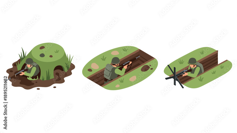 Fototapeta premium Isometric soldiers in defensive trenches with weapons in varied landscapes
