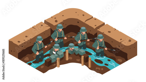Isometric world war soldiers in trench with rifles and uniforms