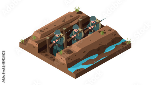 Soldiers in a world war i trench engaged in battle isometric view with detailed terrain