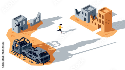 Isometric urban conflict scene with man running amidst ruins and destroyed vehicles