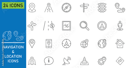 Set of navigation icon in line style. Navigation, satellite, path, direction, signal, route, guide, GPS, travel and more. Minimal outline icon vector set with modern map pointer navigation symbols. 