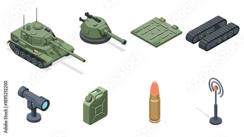 Military isometric set: tank, ammunition, radar, and equipment in 3d perspective