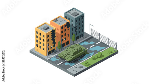Urban conflict scene with damaged buildings and military tank in isometric view