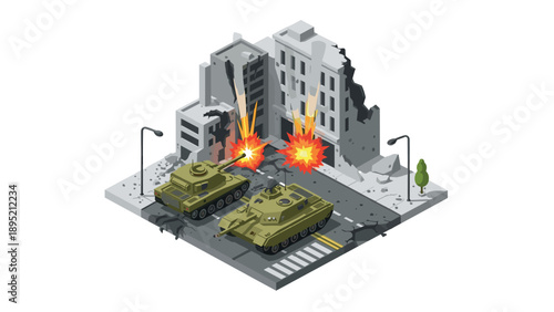 Urban warfare scene with tanks and explosion in isometric style