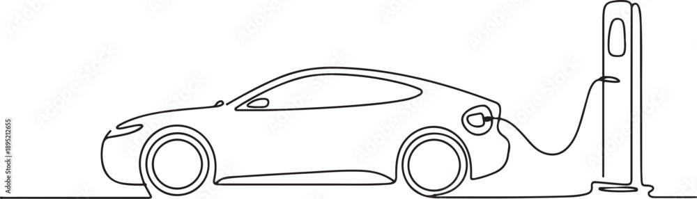 Fototapeta premium Continuous single line drawing of modern electric car is charging.one line vector illustration with white background.
