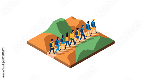 Isometric group hiking on mountain trail with backpacks and scenic view