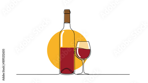 Elegant representation of a wine bottle and a filled wine glass set against a bright yellow circular sun on a clean white background.