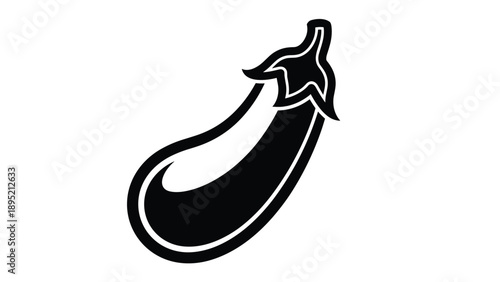 Simple black and white icon of an eggplant featuring its characteristic curved shape and leafy cap with bold outlines on white background.