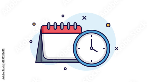 Comprehensive scheduling and deadline concept shown as a calendar and a large clock together within a soft blue decorative circle.