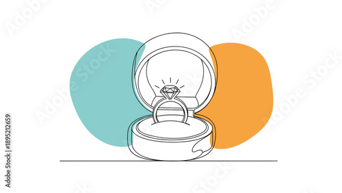 Romantic proposal and engagement concept featuring a sparkling diamond ring inside an open jewelry box with soft teal and orange background circles.