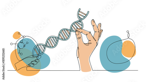 Scientific research and genetics concept showing a hand carefully holding a double helix DNA strand with molecular structures in background.