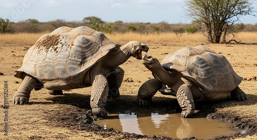 Wallpaper Mural Two giant tortoises interact near a muddy water source in a dry landscape. Torontodigital.ca
