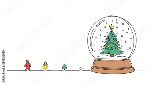 Magical winter scene featuring a large snow globe with a decorated Christmas tree inside and tiny people and trees on the side.