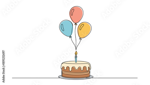 Joyful birthday celebration illustration showing a single layer cake with a lit candle and three colorful balloons floating above it.