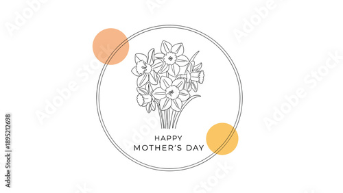 Artistic Mother?s Day greeting card design featuring a line art bouquet of lilies inside a circular frame with peach and orange spots.