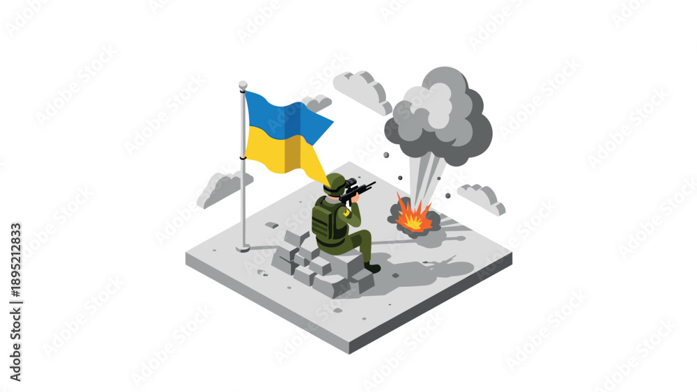 Obraz premium Isometric soldier with ukrainian flag and explosion scene
