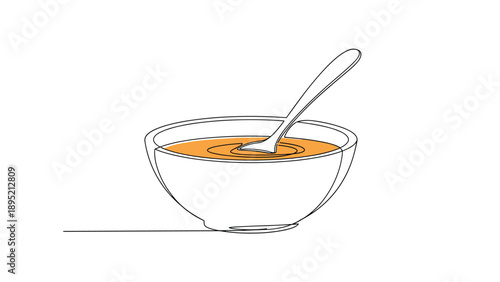Simple bowl of soup with a spoon is depicted in a minimalist continuous line drawing style with warm orange accents for comfort food.