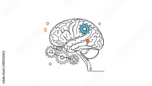 Human brain silhouette with mechanical gears is depicted in a technical line art style, symbolizing cognitive function and engineering.