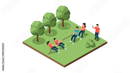 Isometric tug of war game among friends in park setting with trees and grass