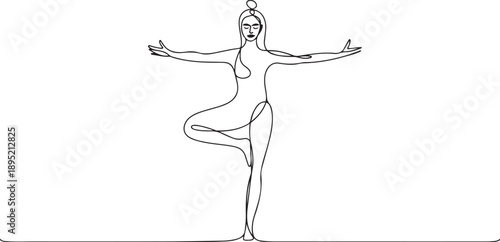 Minimalist line art illustration depicting a woman practicing yoga gracefully in white backdrop.one line vector illustration with white background