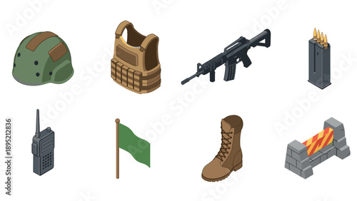 Military equipment icons in isometric style featuring helmet, vest, rifle, and more