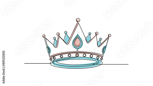 Regal crown with decorative details is shown in a minimalist continuous line drawing style with blue and red accents for royalty themes.