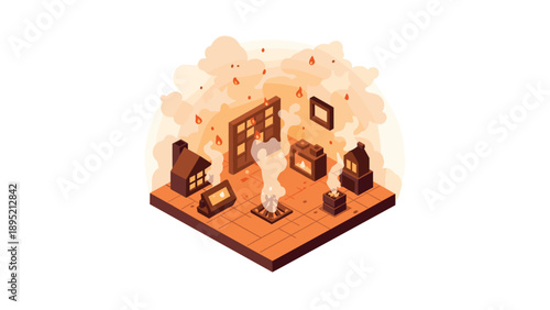Isometric burning room with flames and smoke simulation