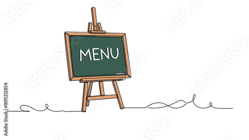 Restaurant menu written on a chalkboard easel is illustrated in a minimalist continuous line drawing style for cafe and dining themes.