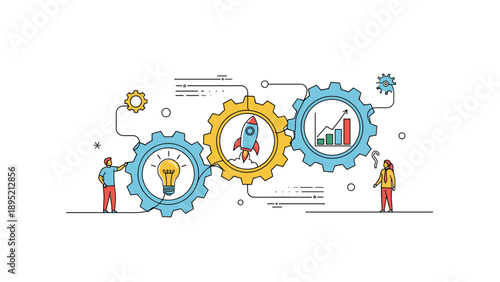 People interacting with large gears containing a lightbulb, rocket, and chart represent collaborative effort and business innovation.