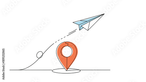 Location pin icon with a paper plane taking flight represents travel planning and navigation in a minimalist line art illustration.