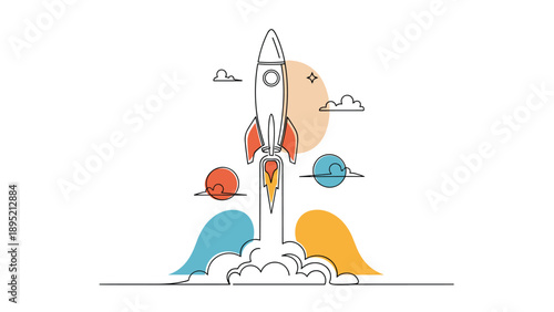 Rocket ship blasting off into space with colorful planets and clouds represents exploration and startup success in a line art style.