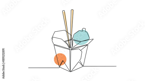 Chinese food take out box with wooden chopsticks is shown in a minimalist line art style with abstract color spots for dining.