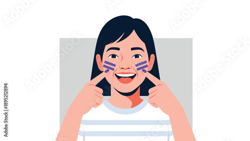 Smiling person with colorful face paint on cheeks in a minimalist flat design