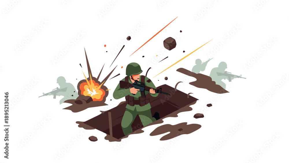 Fototapeta premium Soldier in trench amidst battle with explosions and gunfire in flat design