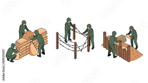 Soldiers constructing defensive positions with sandbags, barbed wire, and logs