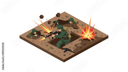 Isometric military combat scene with soldiers in trenches and explosions