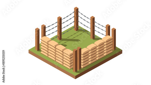 Isometric barbed wire fence with sandbags on grass field