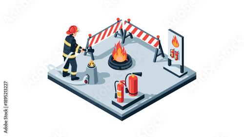 Isometric fire safety training scene with firefighter and equipment in action