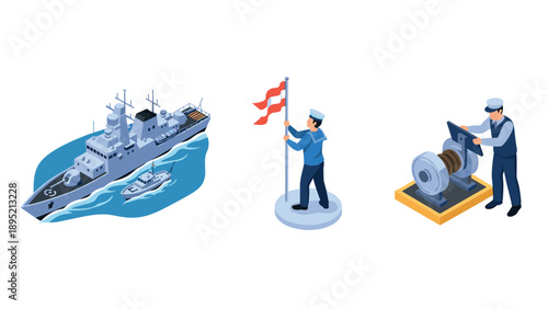 Isometric naval scene featuring warship, sailor with flag, and seafarer at winch