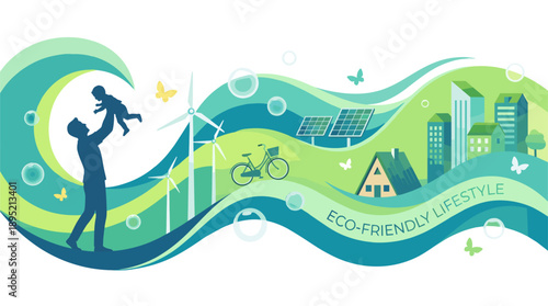 Eco friendly lifestyle concept with family and sustainable elements