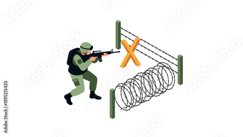 Isometric soldier guarding border with barbed wire and barrier