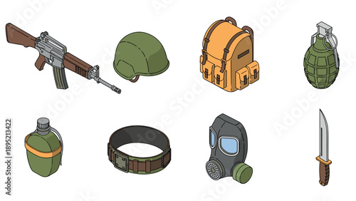 Isometric military gear collection featuring weapons, grenade, gas mask, and helmet