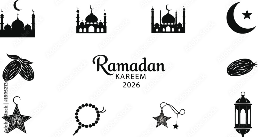 Fototapeta premium Ramadan Kareem 2026 symbols and icons for Islamic holiday
