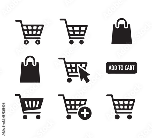 Online shopping black vector icons. shopping cart and bag with add to cart button graphics