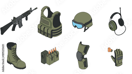 Military gear set: tactical equipment isometric design featuring weapons and protective accessories